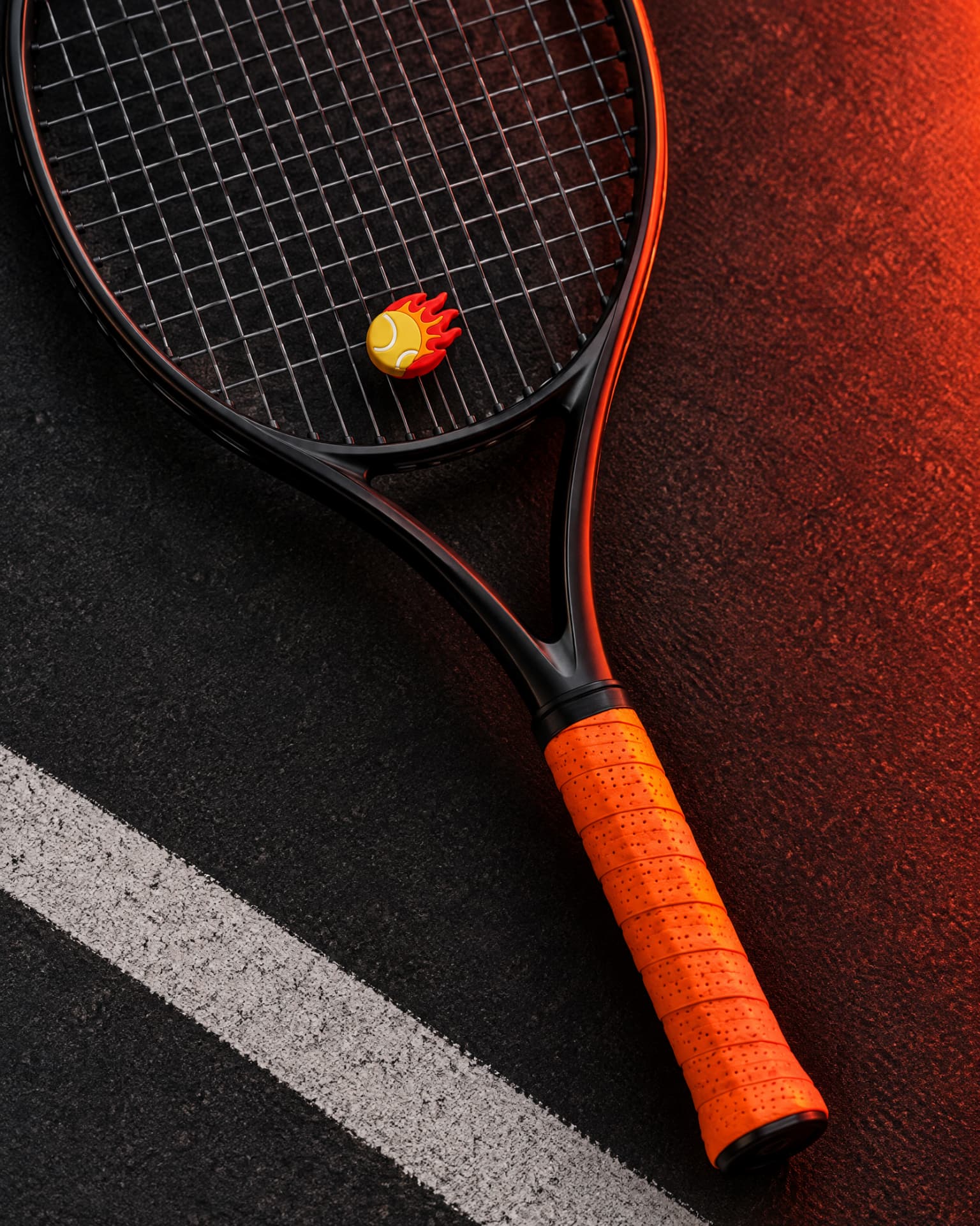 Fireball demper met oranje overgrip op een tennisracket