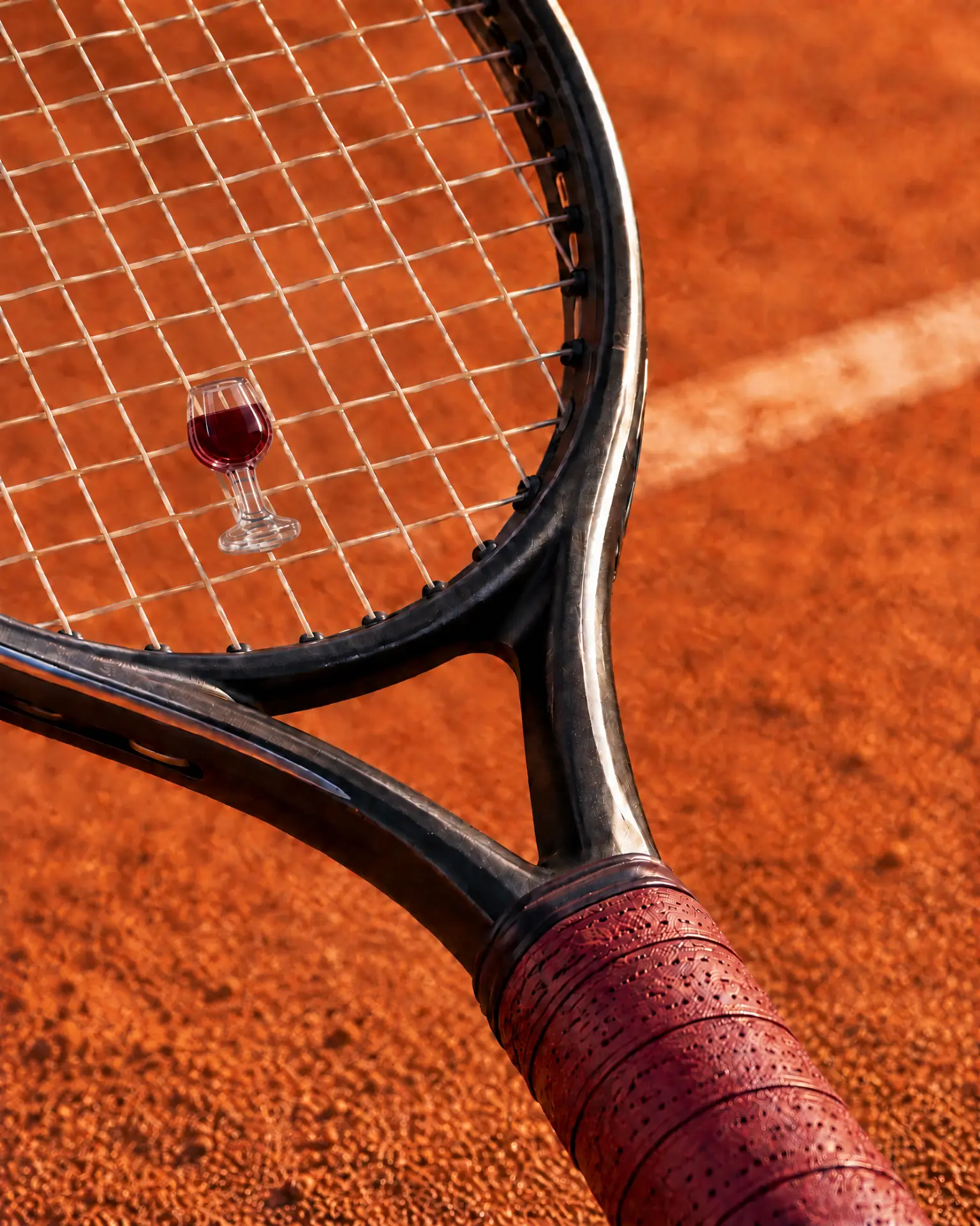 Wine Glass demper met burgundy overgrip op een tennisracket